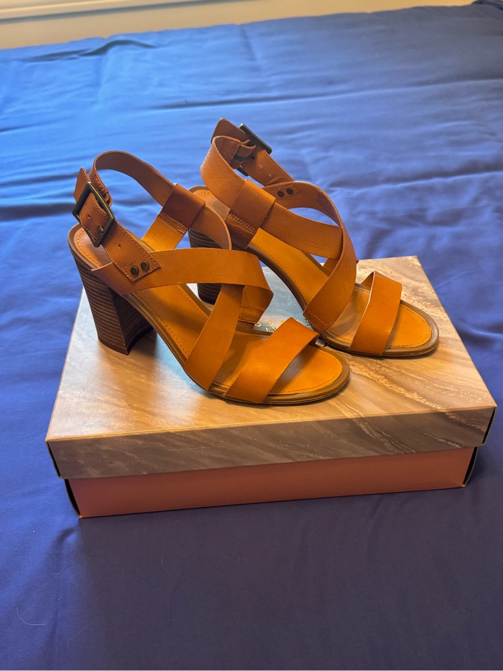 Franco Sarto Cognac Strappy Block Heel Sandals
